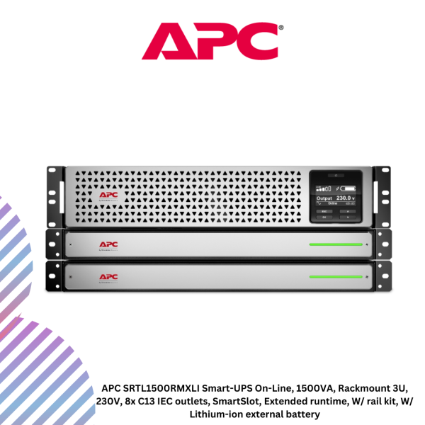 inc-21-54.png APC SRTL1500RMXLI Smart-UPS On-Line, 1500VA, Rackmount 3U, 230V, 8x C13 IEC outlets, SmartSlot, Extended runtime, W/ rail kit, W/ Lithium-ion external battery