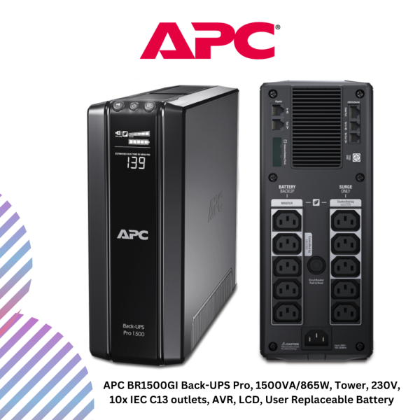 inc-21-6-1.png APC BR1500GI Back-UPS Pro, 1500VA/865W, Tower, 230V, 10x IEC C13 outlets, AVR, LCD, User Replaceable Battery
