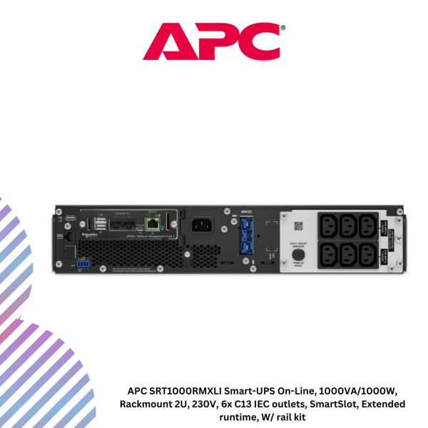 APC SRT1000RMXLI Smart-UPS On-Line, 1000VA/1000W, Rackmount 2U, 230V, 6x C13 IEC outlets, SmartSlot, Extended runtime, W/ rail kit