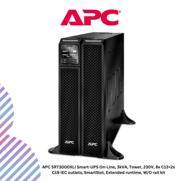 APC Smart-UPS SRT 3000VA, 230V, LCD, rackmount w/kit, 8x IEC 60320 C13 & 2x IEC Jumpers & 2x IEC 60320 C19 outlets (SRT3000XLI)