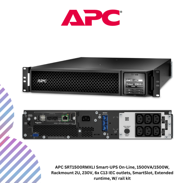 inc-21-7-2.png APC SRT1500RMXLI Smart-UPS On-Line, 1500VA/1500W, Rackmount 2U, 230V, 6x C13 IEC outlets, SmartSlot, Extended runtime, W/ rail kit
