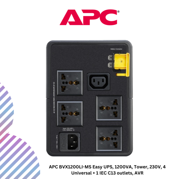 APC BVX1200LI-MS Easy UPS, 1200VA, Tower, 230V, 4 Universal + 1 IEC C13 outlets, AVR