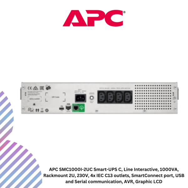 APC SMC1000I-2UC Smart-UPS C, Line Interactive, 1000VA, Rackmount 2U, 230V, 4x IEC C13 outlets, SmartConnect port, USB and Serial communication, AVR, Graphic LCD