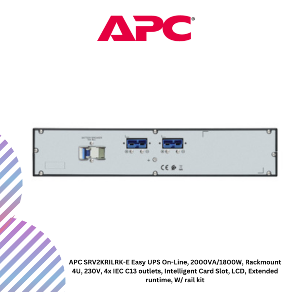 APC SRV2KRILRK-E Easy UPS On-Line, 2000VA/1800W, Rackmount 4U, 230V, 4x IEC C13 outlets, Intelligent Card Slot, LCD, Extended runtime, W/ rail kit