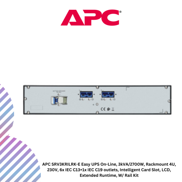 APC SRV3KRILRK-E Easy UPS On-Line, 3kVA/2700W, Rackmount 4U, 230V, 6x IEC C13+1x IEC C19 outlets, Intelligent Card Slot, LCD, Extended Runtime, W/ Rail Kit