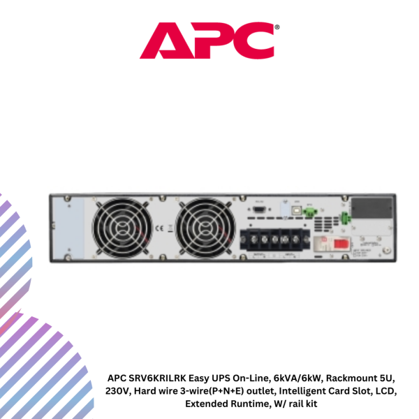 APC SRV6KRILRK Easy UPS On-Line, 6kVA/6kW, Rackmount 5U, 230V, Hard wire 3-wire(P+N+E) outlet, Intelligent Card Slot, LCD, Extended Runtime, W/ rail kit