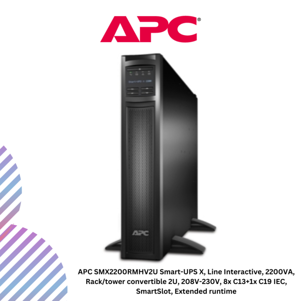 APC SMX2200RMHV2U Smart-UPS X, Line Interactive, 2200VA, Rack/tower convertible 2U, 208V-230V, 8x C13+1x C19 IEC, SmartSlot, Extended runtime