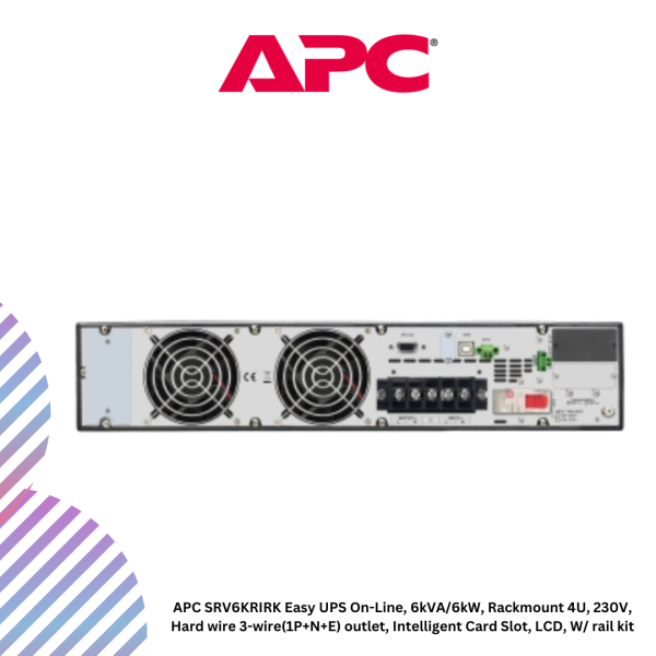 APC SRV6KRIRK Easy UPS On-Line, 6kVA/6kW, Rackmount 4U, 230V, Hard wire 3-wire(1P+N+E) outlet, Intelligent Card Slot, LCD, W/ rail kit