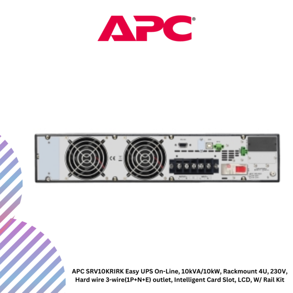 APC SRV10KRIRK Easy UPS On-Line, 10kVA/10kW, Rackmount 4U, 230V, Hard wire 3-wire(1P+N+E) outlet, Intelligent Card Slot, LCD, W/ Rail Kit