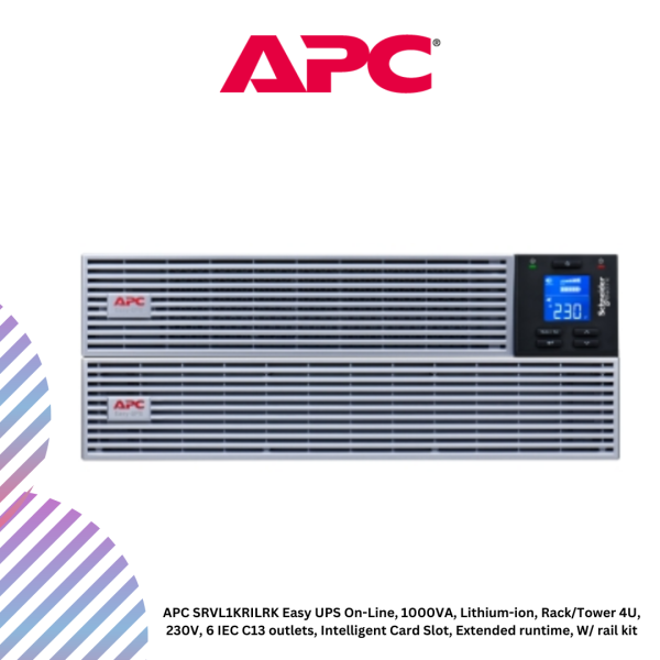 APC SRVL1KRILRK Easy UPS On-Line, 1000VA, Lithium-ion, Rack/Tower 4U, 230V, 6 IEC C13 outlets, Intelligent Card Slot, Extended runtime, W/ rail kit