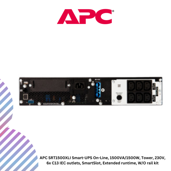 inc-22-28-2.png APC SRT1500XLI Smart-UPS On-Line, 1500VA/1500W, Tower, 230V, 6x C13 IEC outlets, SmartSlot, Extended runtime, W/O rail kit