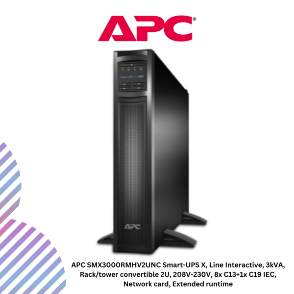 APC SMX3000RMHV2UNC Smart-UPS X, Line Interactive, 3kVA, Rack/tower convertible 2U, 208V-230V, 8x C13+1x C19 IEC, Network card, Extended runtime