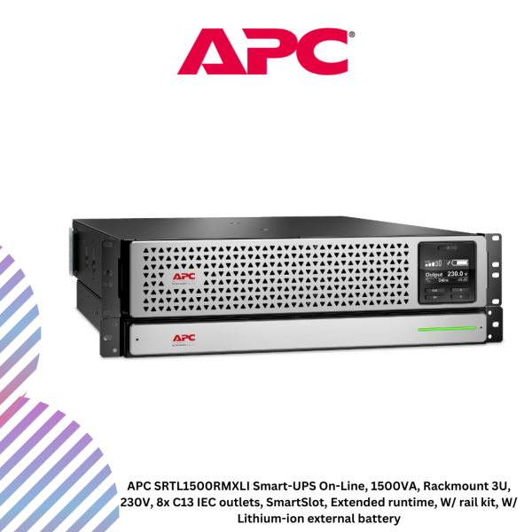 inc-22-37.png APC SRTL1500RMXLI Smart-UPS On-Line, 1500VA, Rackmount 3U, 230V, 8x C13 IEC outlets, SmartSlot, Extended runtime, W/ rail kit, W/ Lithium-ion external battery