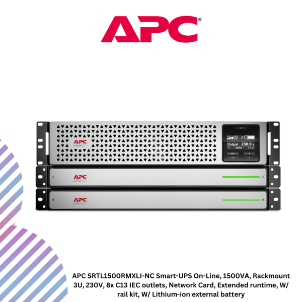 inc-22-38.png APC SRTL1500RMXLI-NC Smart-UPS On-Line, 1500VA, Rackmount 3U, 230V, 8x C13 IEC outlets, Network Card, Extended runtime, W/ rail kit, W/ Lithium-ion external battery