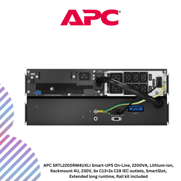 inc-22-39.png APC SRTL2200RM4UXLI Smart-UPS On-Line, 2200VA, Lithium-ion, Rackmount 4U, 230V, 6x C13+2x C19 IEC outlets, SmartSlot, Extended long runtime, Rail kit included