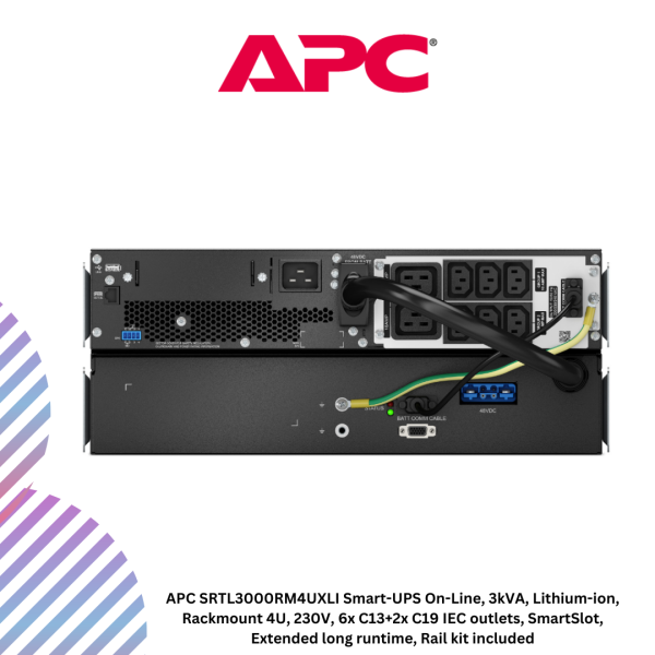 inc-22-41.png APC SRTL3000RM4UXLI Smart-UPS On-Line, 3kVA, Lithium-ion, Rackmount 4U, 230V, 6x C13+2x C19 IEC outlets, SmartSlot, Extended long runtime, Rail kit included