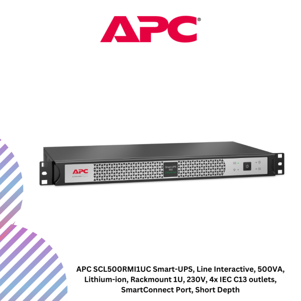 APC SCL500RMI1UC Smart-UPS, Line Interactive, 500VA, Lithium-ion, Rackmount 1U, 230V, 4x IEC C13 outlets, SmartConnect Port, Short Depth