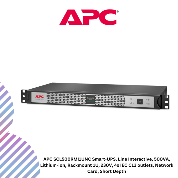 APC SCL500RMI1UNC Smart-UPS, Line Interactive, 500VA, Lithium-ion, Rackmount 1U, 230V, 4x IEC C13 outlets, Network Card, Short Depth