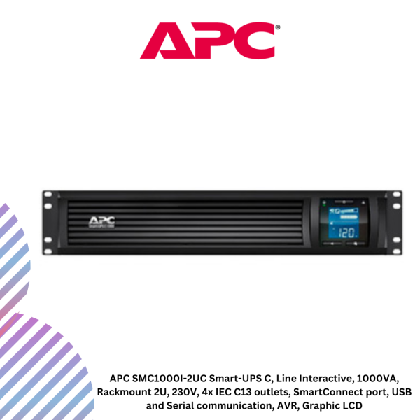 APC SMC1000I-2UC Smart-UPS C, Line Interactive, 1000VA, Rackmount 2U, 230V, 4x IEC C13 outlets, SmartConnect port, USB and Serial communication, AVR, Graphic LCD
