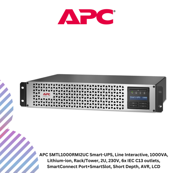 APC SMTL1000RMI2UC Smart-UPS, Line Interactive, 1000VA, Lithium-ion, Rack/Tower, 2U, 230V, 6x IEC C13 outlets, SmartConnect Port+SmartSlot, Short Depth, AVR, LCD