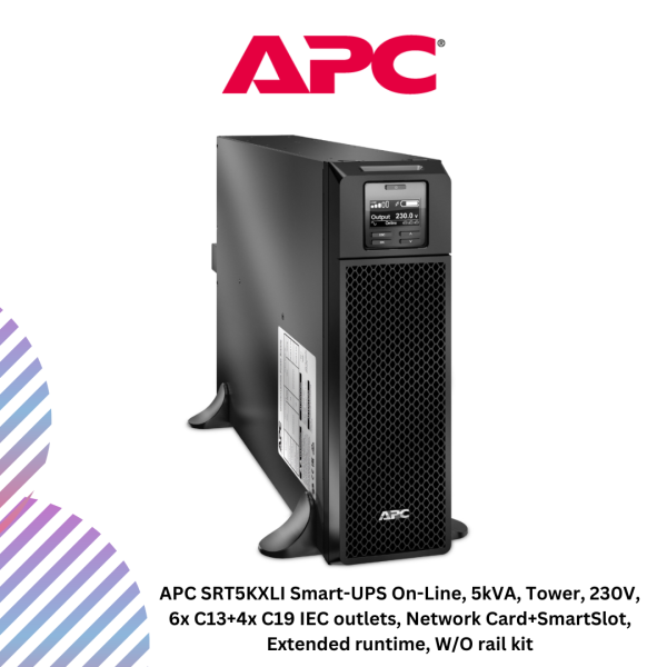 inc-22-65-1.png APC SRT5KXLI Smart-UPS On-Line, 5kVA, Tower, 230V, 6x C13+4x C19 IEC outlets, Network Card+SmartSlot, Extended runtime, W/O rail kit