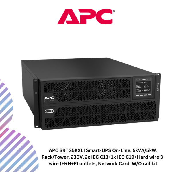 inc-22-72.png APC SRTG5KXLI Smart-UPS On-Line, 5kVA/5kW, Rack/Tower, 230V, 2x IEC C13+1x IEC C19+Hard wire 3-wire (H+N+E) outlets, Network Card, W/O rail kit