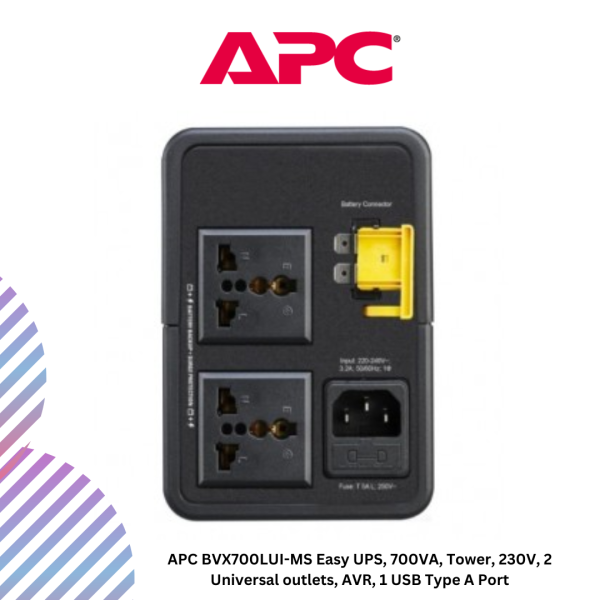 APC BVX700LUI-MS Easy UPS, 700VA, Tower, 230V, 2 Universal outlets, AVR, 1 USB Type A Port
