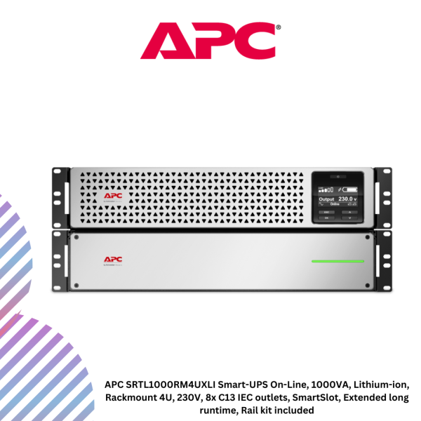inc-23-10-1.png APC SRTL1000RM4UXLI Smart-UPS On-Line, 1000VA, Lithium-ion, Rackmount 4U, 230V, 8x C13 IEC outlets, SmartSlot, Extended long runtime, Rail kit included