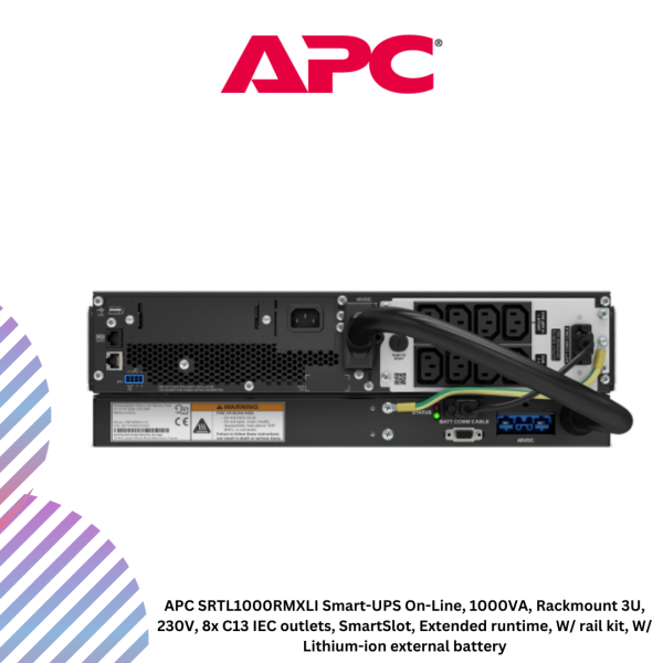 inc-23-12-1.png APC SRTL1000RMXLI Smart-UPS On-Line, 1000VA, Rackmount 3U, 230V, 8x C13 IEC outlets, SmartSlot, Extended runtime, W/ rail kit, W/ Lithium-ion external battery