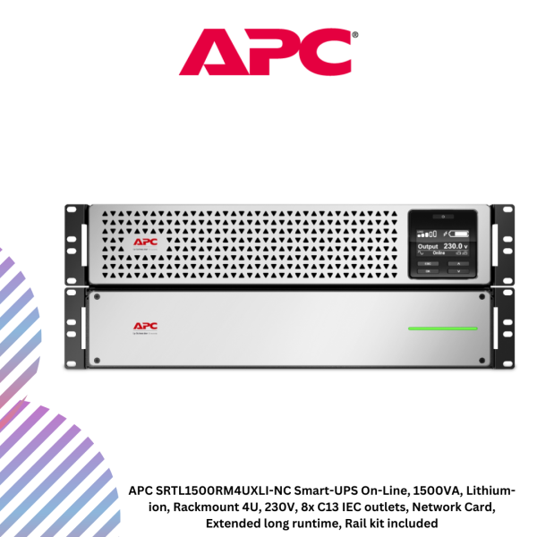 inc-23-14-1.png APC SRTL1500RM4UXLI-NC Smart-UPS On-Line, 1500VA, Lithium-ion, Rackmount 4U, 230V, 8x C13 IEC outlets, Network Card, Extended long runtime, Rail kit included