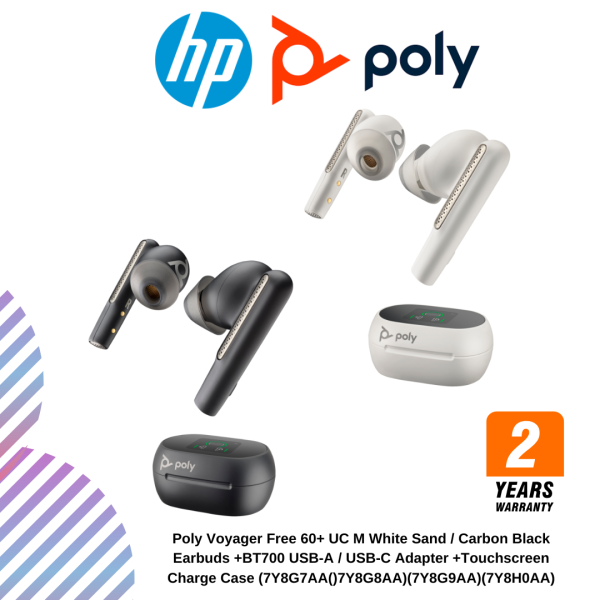 Poly Voyager Free 60+ UC M White Sand / Carbon Black Earbuds +BT700 USB-A / USB-C Adapter +Touchscreen Charge Case (7Y8G7AA()7Y8G8AA)(7Y8G9AA)(7Y8H0AA)