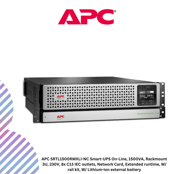 inc-23-16-1.png APC SRTL1500RMXLI-NC Smart-UPS On-Line, 1500VA, Rackmount 3U, 230V, 8x C13 IEC outlets, Network Card, Extended runtime, W/ rail kit, W/ Lithium-ion external battery