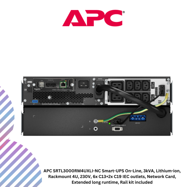 inc-23-20-1.png APC SRTL3000RM4UXLI-NC Smart-UPS On-Line, 3kVA, Lithium-ion, Rackmount 4U, 230V, 6x C13+2x C19 IEC outlets, Network Card, Extended long runtime, Rail kit included