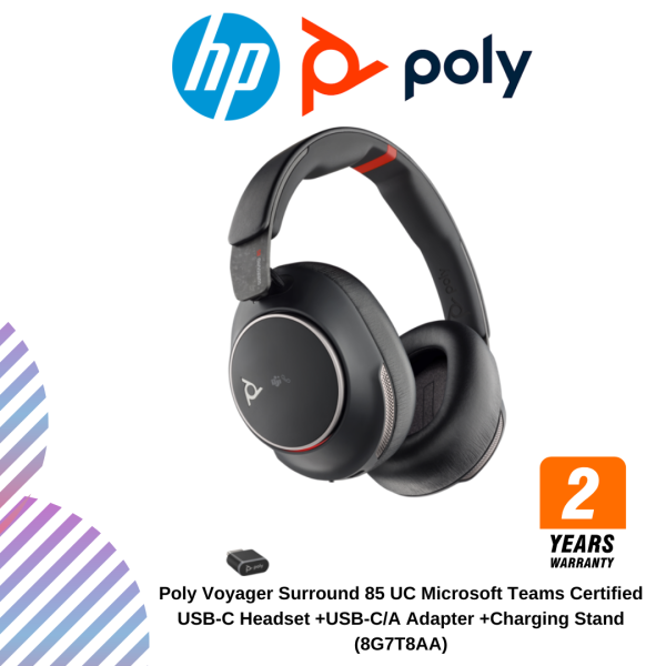 Poly Voyager Surround 85 UC Microsoft Teams Certified USB-C Headset +USB-C/A Adapter +Charging Stand (8G7T8AA)