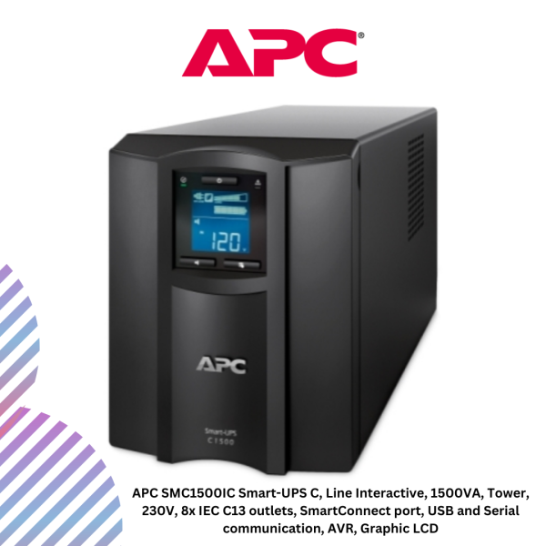 APC SMC1500IC Smart-UPS C, Line Interactive, 1500VA, Tower, 230V, 8x IEC C13 outlets, SmartConnect port, USB and Serial communication, AVR, Graphic LCD