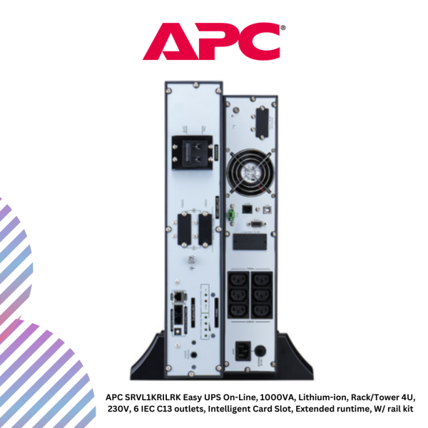 APC SRVL1KRILRK Easy UPS On-Line, 1000VA, Lithium-ion, Rack/Tower 4U, 230V, 6 IEC C13 outlets, Intelligent Card Slot, Extended runtime, W/ rail kit
