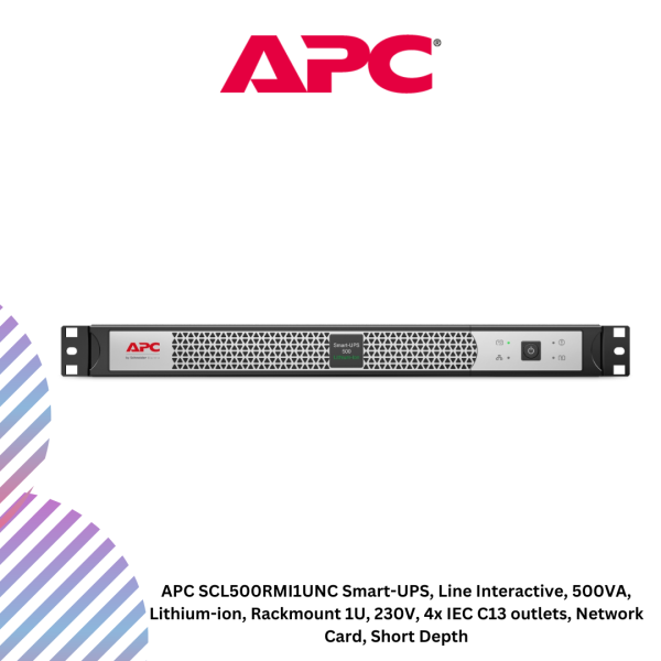 APC SCL500RMI1UNC Smart-UPS, Line Interactive, 500VA, Lithium-ion, Rackmount 1U, 230V, 4x IEC C13 outlets, Network Card, Short Depth