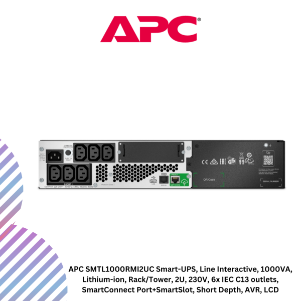 APC SMTL1000RMI2UC Smart-UPS, Line Interactive, 1000VA, Lithium-ion, Rack/Tower, 2U, 230V, 6x IEC C13 outlets, SmartConnect Port+SmartSlot, Short Depth, AVR, LCD