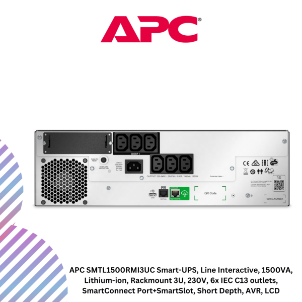 APC SMTL1500RMI3UC Smart-UPS, Line Interactive, 1500VA, Lithium-ion, Rackmount 3U, 230V, 6x IEC C13 outlets, SmartConnect Port+SmartSlot, Short Depth, AVR, LCD