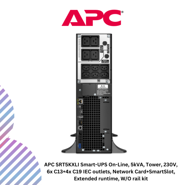 inc-23-62.png APC SRT5KXLI Smart-UPS On-Line, 5kVA, Tower, 230V, 6x C13+4x C19 IEC outlets, Network Card+SmartSlot, Extended runtime, W/O rail kit