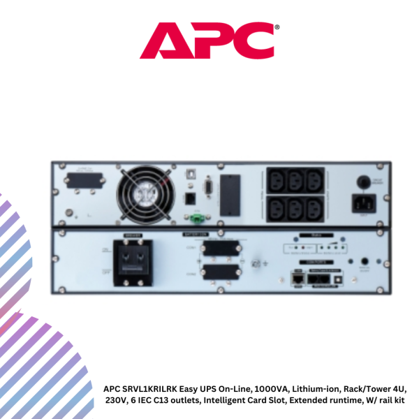 APC SRVL1KRILRK Easy UPS On-Line, 1000VA, Lithium-ion, Rack/Tower 4U, 230V, 6 IEC C13 outlets, Intelligent Card Slot, Extended runtime, W/ rail kit