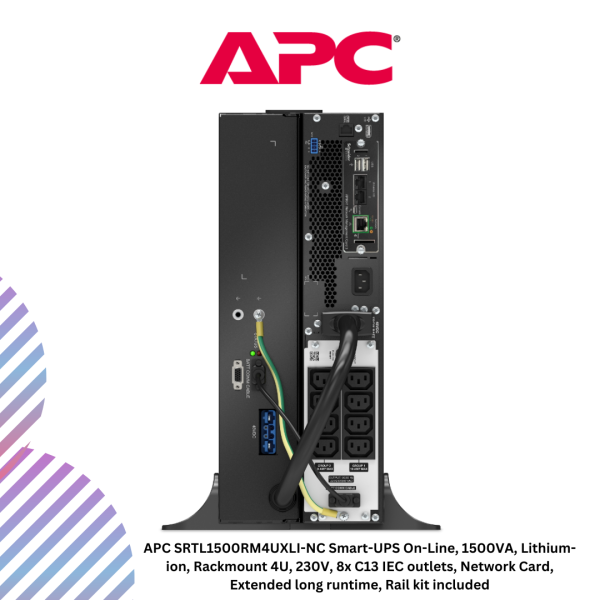 inc-24-10-1.png APC SRTL1500RM4UXLI-NC Smart-UPS On-Line, 1500VA, Lithium-ion, Rackmount 4U, 230V, 8x C13 IEC outlets, Network Card, Extended long runtime, Rail kit included