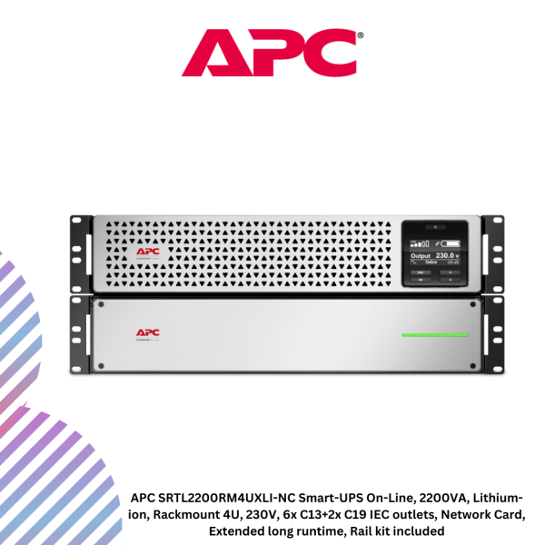 inc-24-12-1.png APC SRTL2200RM4UXLI-NC Smart-UPS On-Line, 2200VA, Lithium-ion, Rackmount 4U, 230V, 6x C13+2x C19 IEC outlets, Network Card, Extended long runtime, Rail kit included