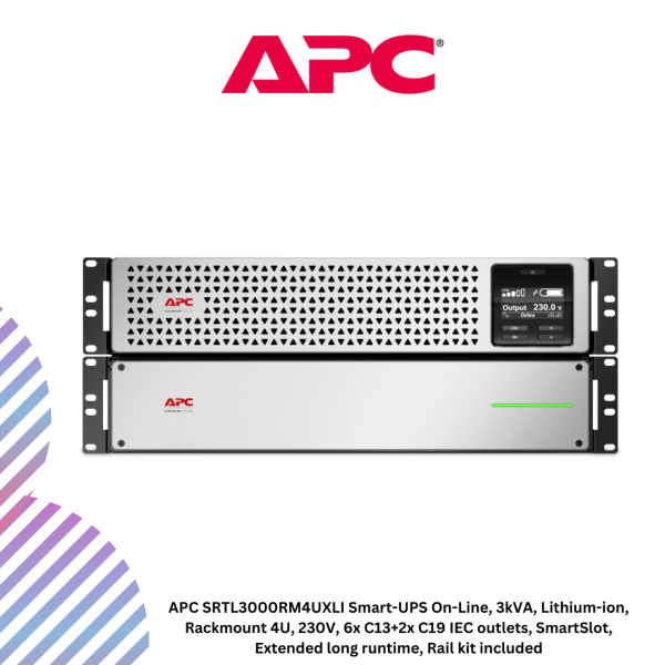 inc-24-13-1.png APC SRTL3000RM4UXLI Smart-UPS On-Line, 3kVA, Lithium-ion, Rackmount 4U, 230V, 6x C13+2x C19 IEC outlets, SmartSlot, Extended long runtime, Rail kit included