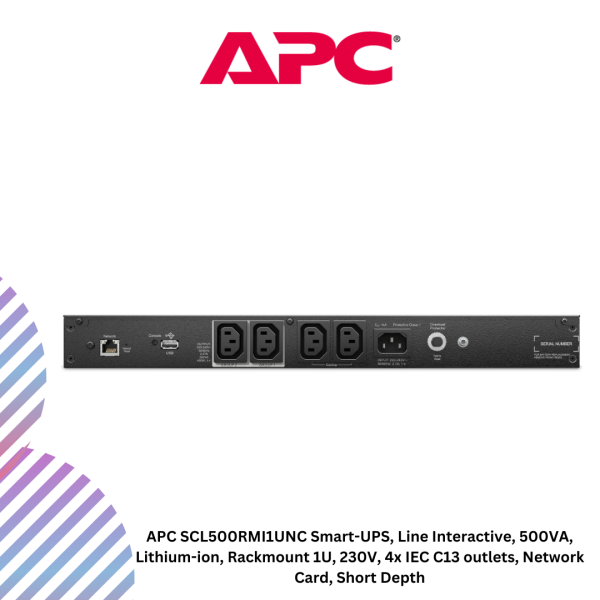 APC SCL500RMI1UNC Smart-UPS, Line Interactive, 500VA, Lithium-ion, Rackmount 1U, 230V, 4x IEC C13 outlets, Network Card, Short Depth