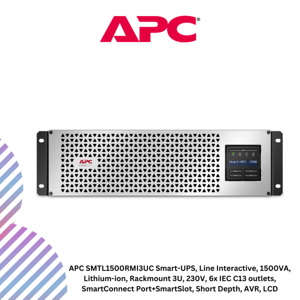 APC SMTL1500RMI3UC Smart-UPS, Line Interactive, 1500VA, Lithium-ion, Rackmount 3U, 230V, 6x IEC C13 outlets, SmartConnect Port+SmartSlot, Short Depth, AVR, LCD