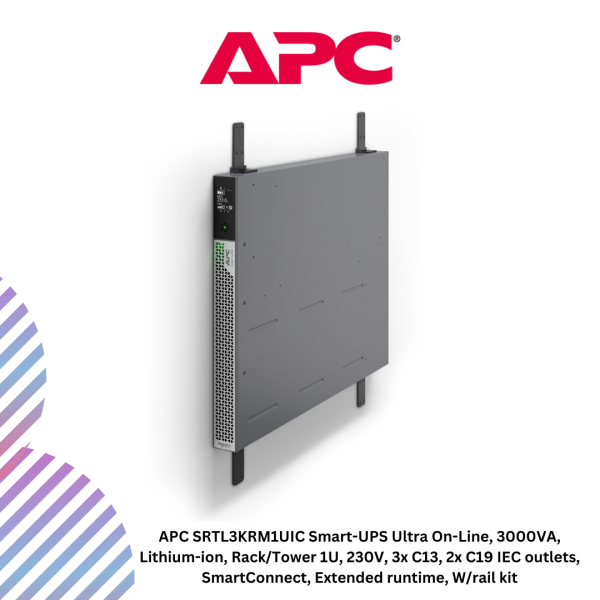 inc-24-46.png APC SRTL3KRM1UIC Smart-UPS Ultra On-Line, 3000VA, Lithium-ion, Rack/Tower 1U, 230V, 3x C13, 2x C19 IEC outlets, SmartConnect, Extended runtime, W/rail kit