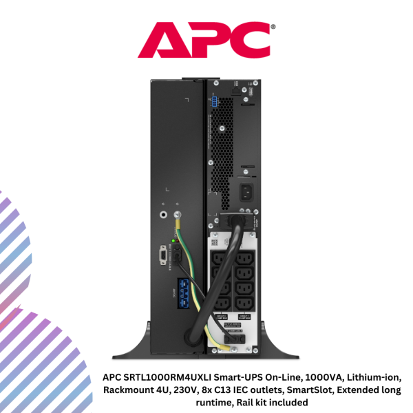 inc-24-6-1.png APC SRTL1000RM4UXLI Smart-UPS On-Line, 1000VA, Lithium-ion, Rackmount 4U, 230V, 8x C13 IEC outlets, SmartSlot, Extended long runtime, Rail kit included