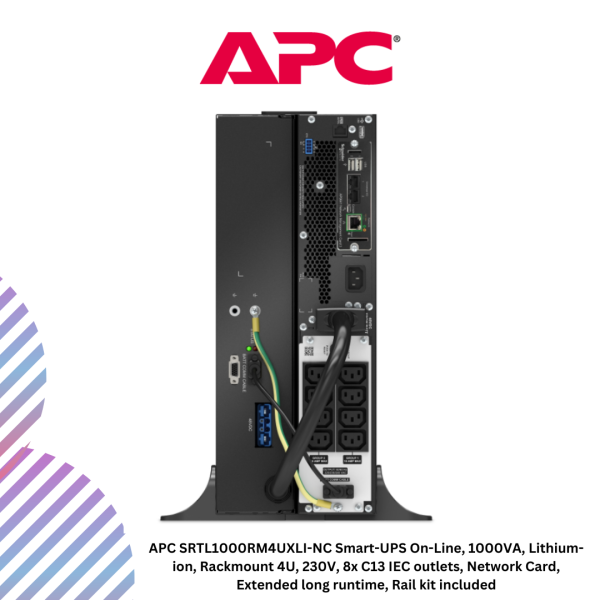 inc-24-7-1.png APC SRTL1000RM4UXLI-NC Smart-UPS On-Line, 1000VA, Lithium-ion, Rackmount 4U, 230V, 8x C13 IEC outlets, Network Card, Extended long runtime, Rail kit included