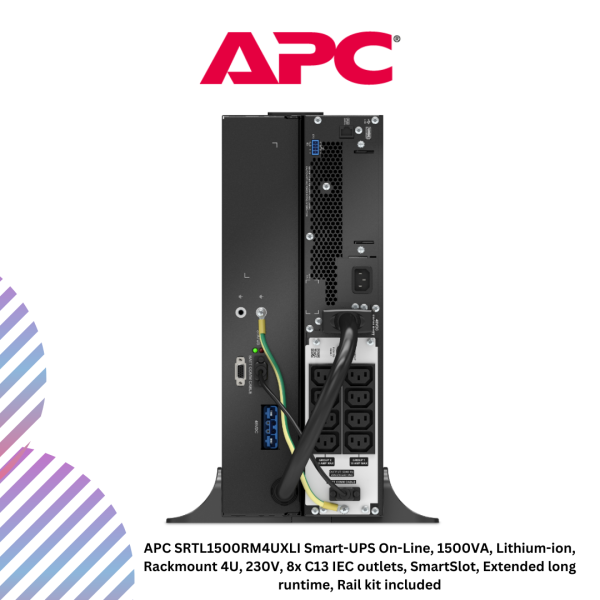 inc-24-9-1.png APC SRTL1500RM4UXLI Smart-UPS On-Line, 1500VA, Lithium-ion, Rackmount 4U, 230V, 8x C13 IEC outlets, SmartSlot, Extended long runtime, Rail kit included
